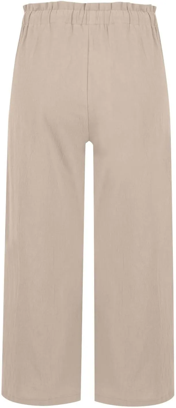 Linen Pants Women Casual Summer Wide Leg Flowy Capri Pant Plus Size Baggy High Waist Palazzo Beach Lounge Trousers