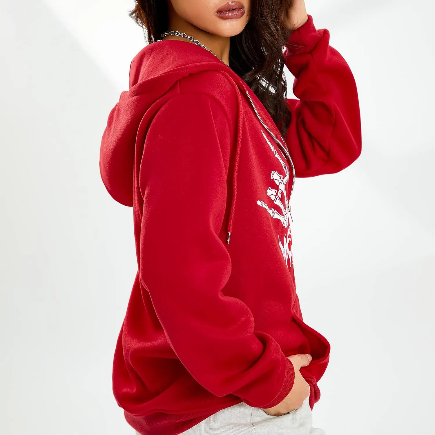 lisenraIn Unisex Men Women Halloween Hoodie Graphic Zip Up Sweatshirt Y2K Oversized Long Sleeve Rhinestone Skeleton Jacket