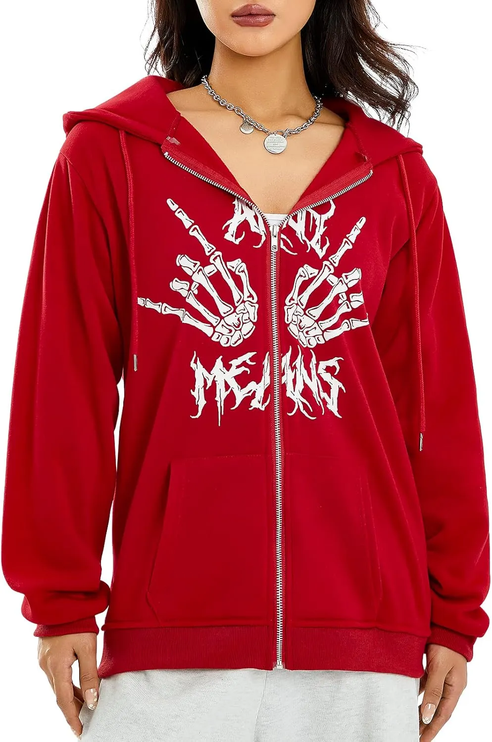 lisenraIn Unisex Men Women Halloween Hoodie Graphic Zip Up Sweatshirt Y2K Oversized Long Sleeve Rhinestone Skeleton Jacket