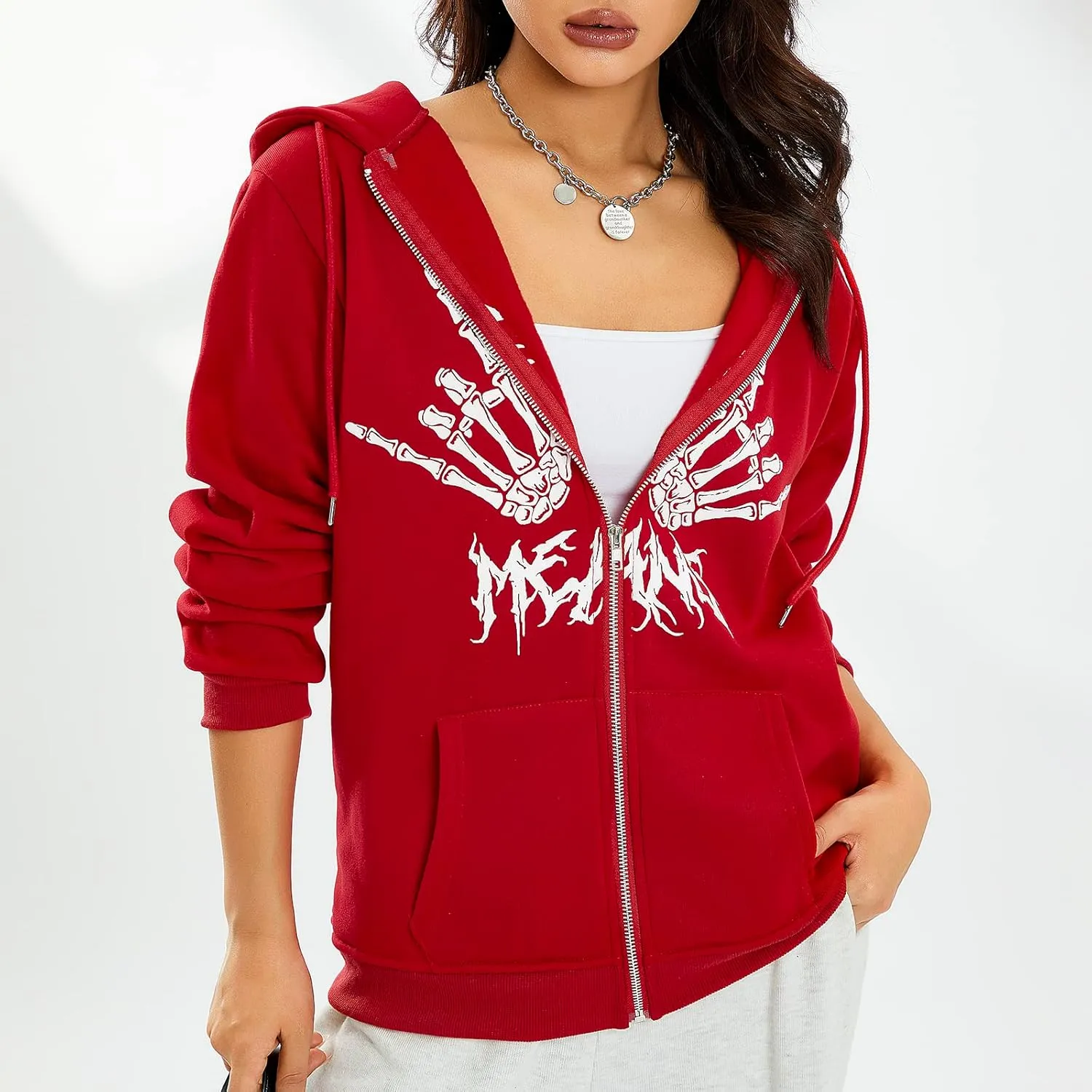 lisenraIn Unisex Men Women Halloween Hoodie Graphic Zip Up Sweatshirt Y2K Oversized Long Sleeve Rhinestone Skeleton Jacket