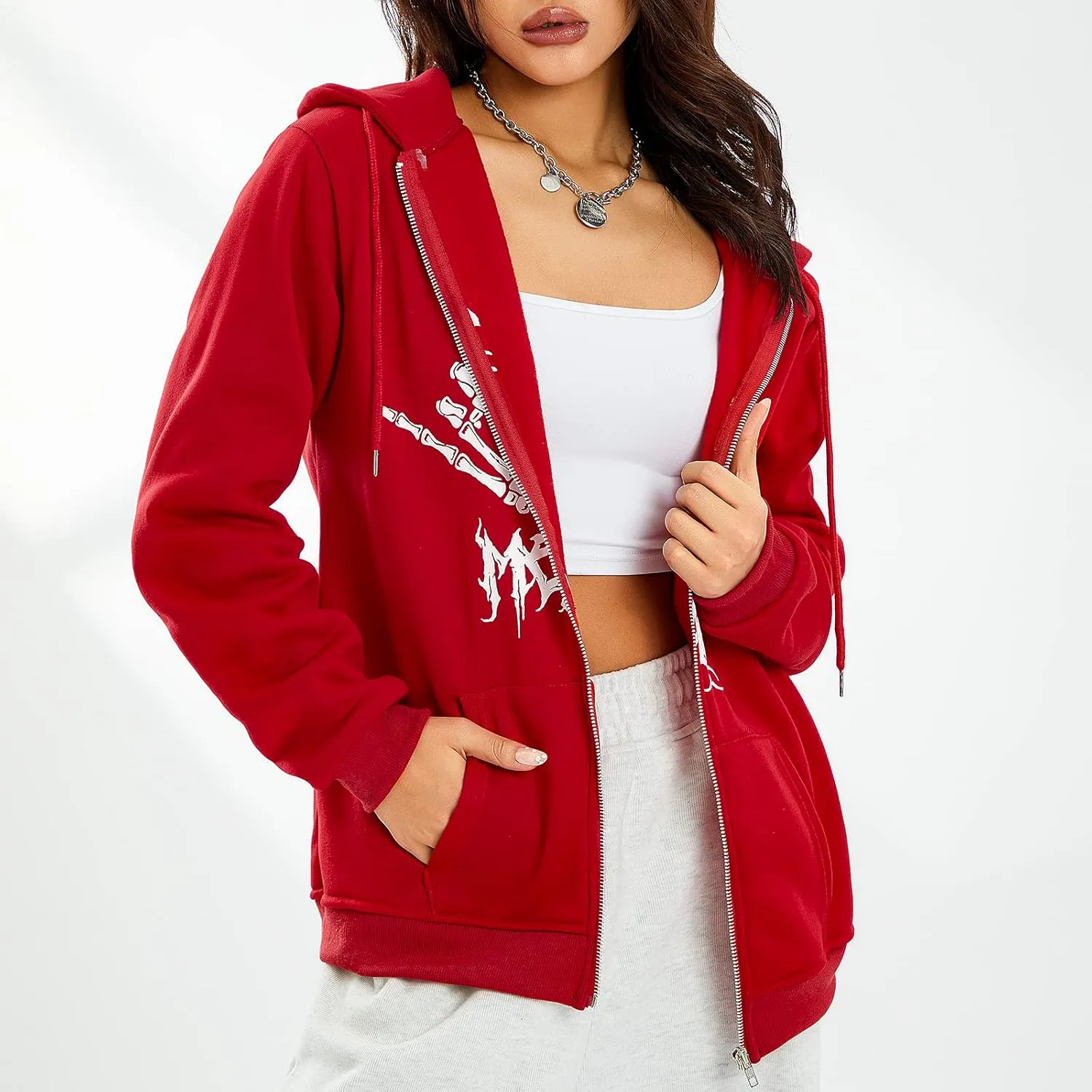 lisenraIn Unisex Men Women Halloween Hoodie Graphic Zip Up Sweatshirt Y2K Oversized Long Sleeve Rhinestone Skeleton Jacket