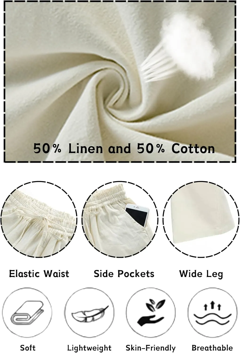 LNX Linen Pants for Women High Waisted Wide Leg Drawstring Casual Loose Pants with Pockets