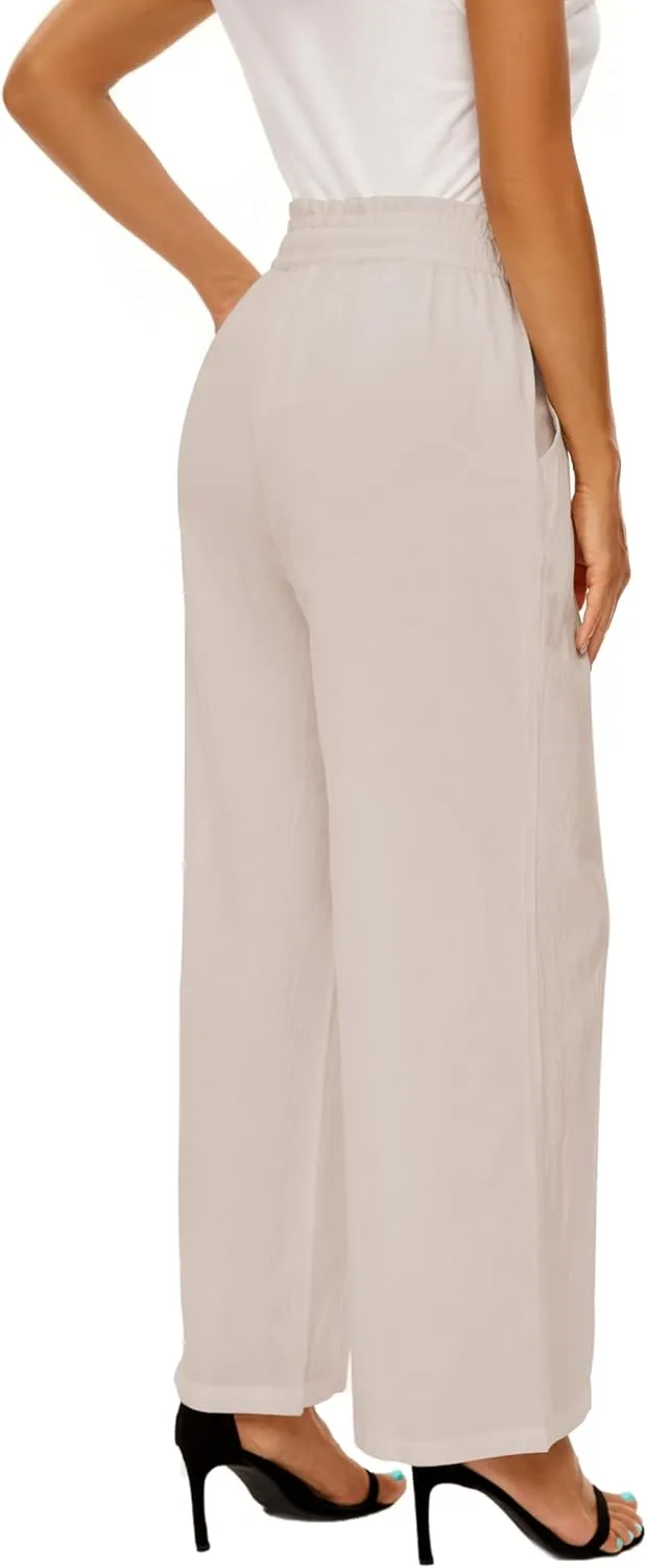 LNX Linen Pants for Women High Waisted Wide Leg Drawstring Casual Loose Pants with Pockets