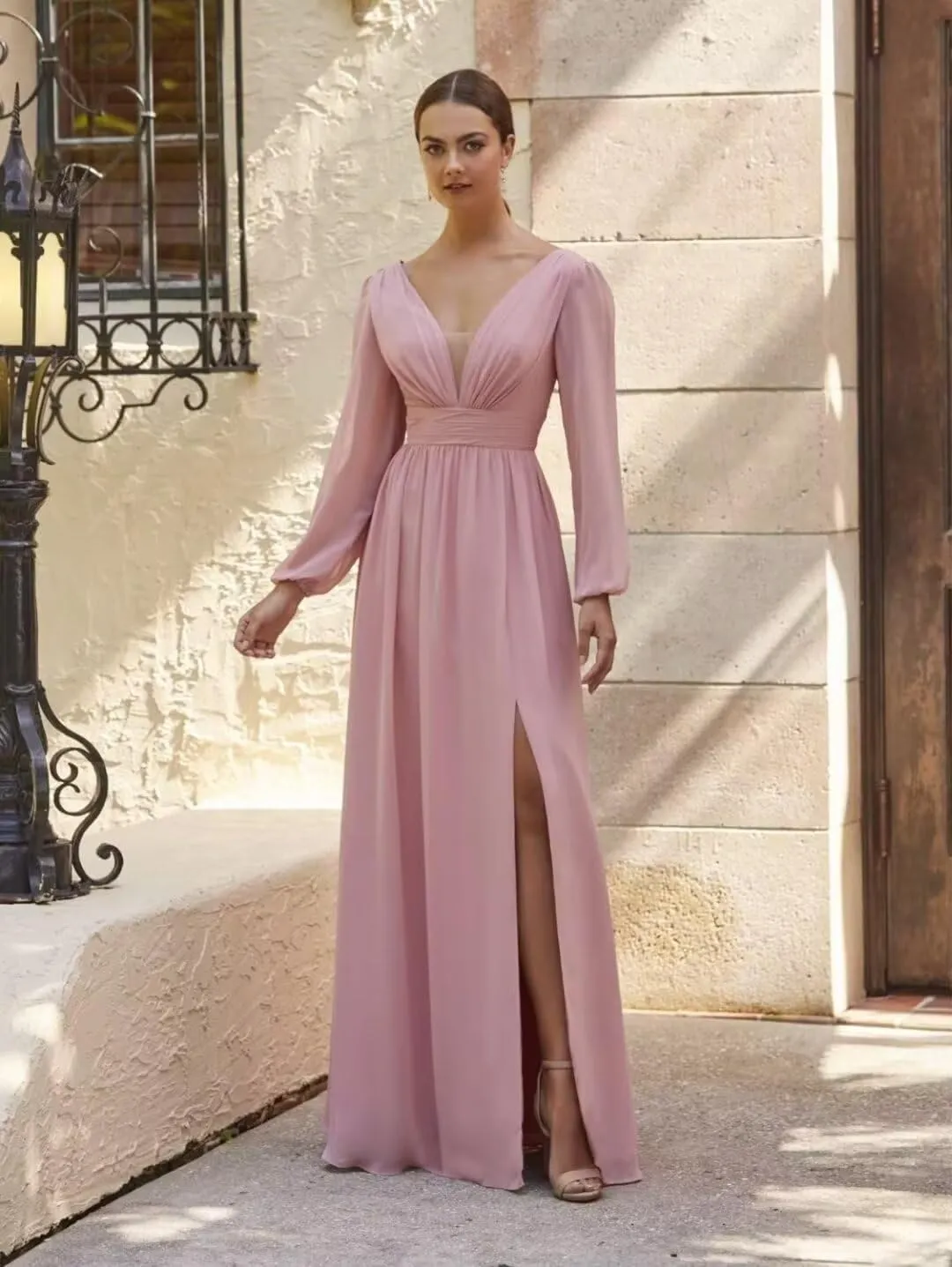 Long Sleeve Bridesmaid Dresses for Women V Neck Chiffon Formal Evening Gowns with Slit