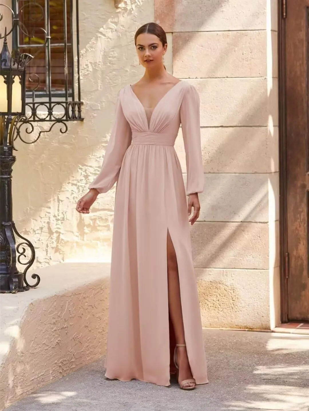 Long Sleeve Bridesmaid Dresses for Women V Neck Chiffon Formal Evening Gowns with Slit