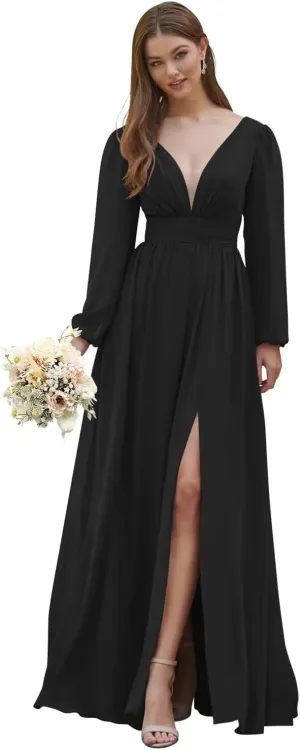 Long Sleeve Bridesmaid Dresses for Women V Neck Chiffon Formal Evening Gowns with Slit