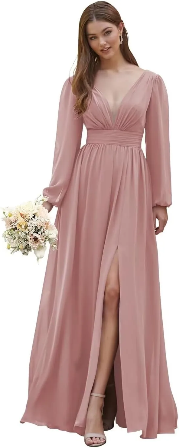 Long Sleeve Bridesmaid Dresses for Women V Neck Chiffon Formal Evening Gowns with Slit