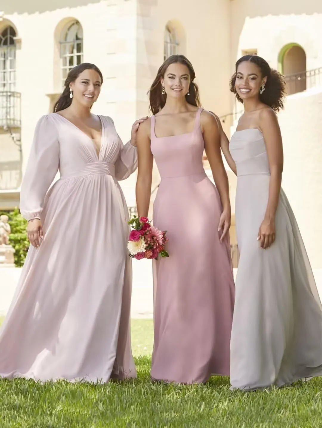 Long Sleeve Bridesmaid Dresses for Women V Neck Chiffon Formal Evening Gowns with Slit