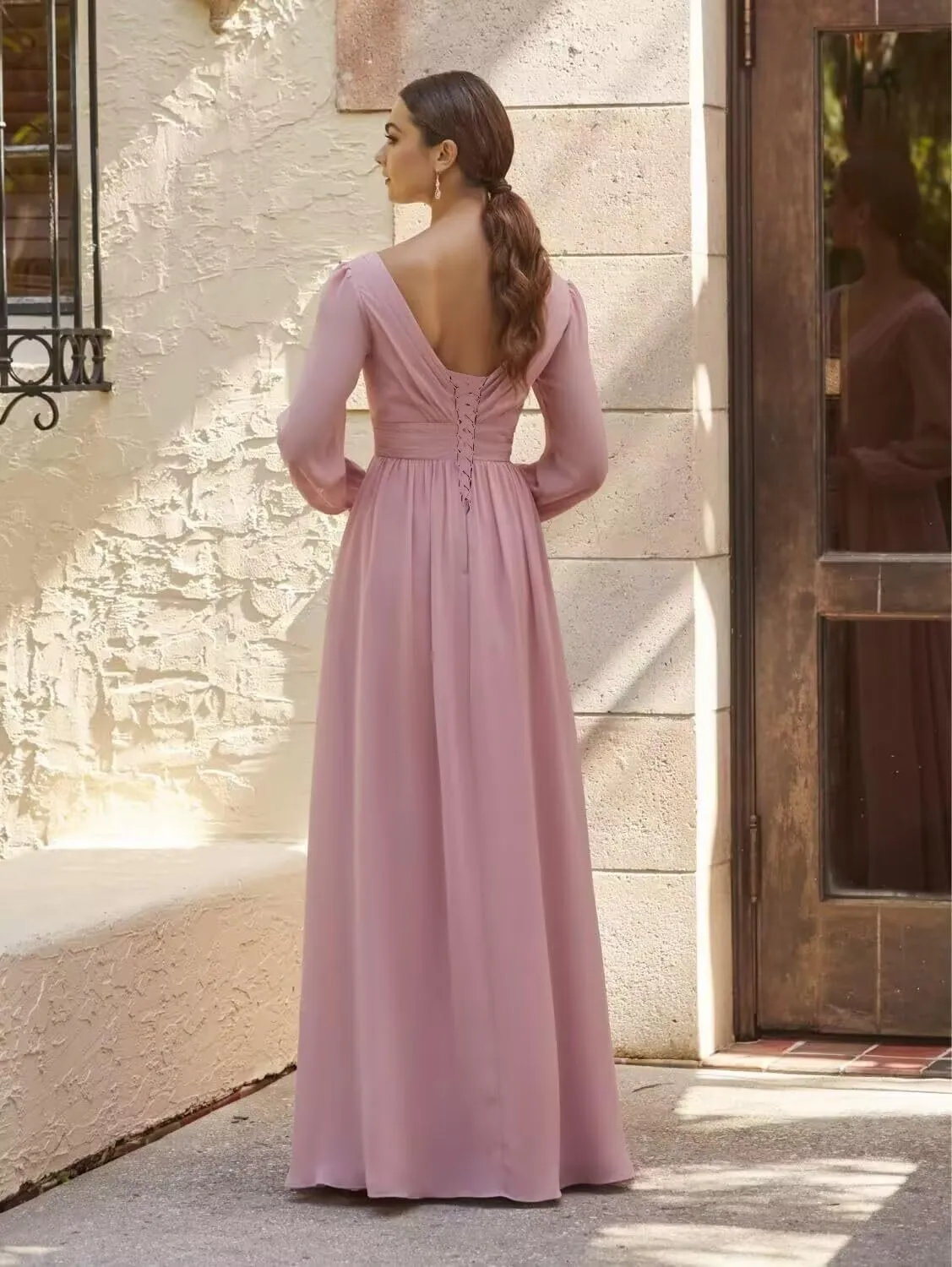Long Sleeve Bridesmaid Dresses for Women V Neck Chiffon Formal Evening Gowns with Slit