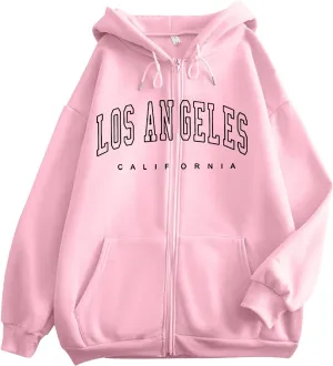 Los Angeles Zipper Hoodies for Women Teen Girls Oversized Full Zip Up Long Sleeve Hooded Sweatshirt Coat Fall Fashion Outfits