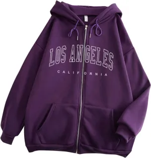 Los Angeles Zipper Hoodies for Women Teen Girls Oversized Full Zip Up Long Sleeve Hooded Sweatshirt Coat Fall Fashion Outfits