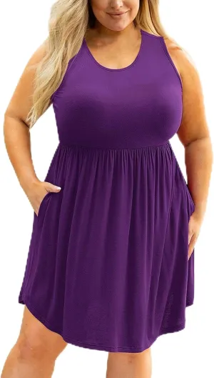 Lpmadey Women Sleeveless Loose Plain Casual Plus Size Midi Dress with Pockets Ruched Elastic Waist A-Line Flowy Sundress