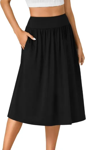 LYANER Women's Elastic High Waist Knee Length A-line Hem Basic Casual Midi Skirt with Pockets