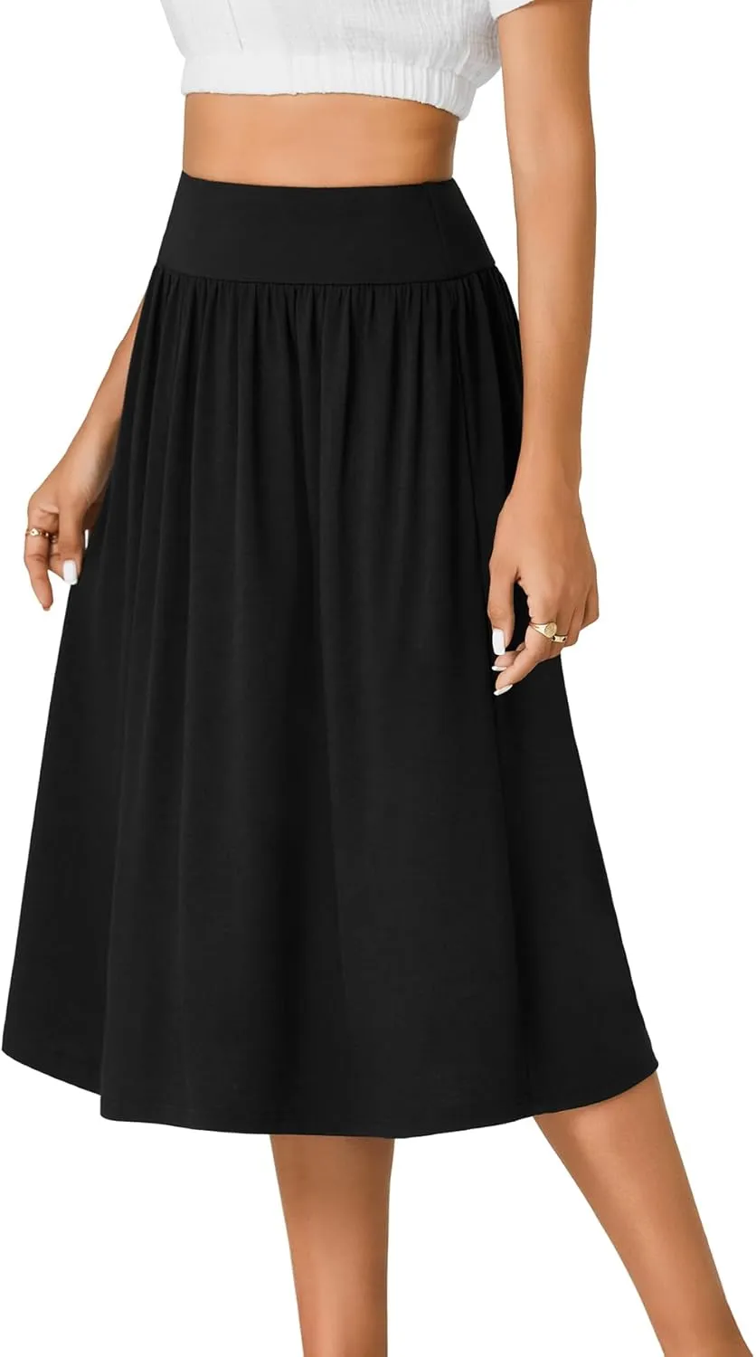 LYANER Women's Elastic High Waist Knee Length A-line Hem Basic Casual Midi Skirt with Pockets