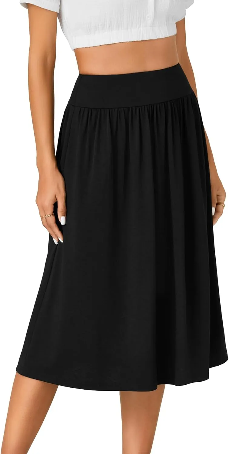LYANER Women's Elastic High Waist Knee Length A-line Hem Basic Casual Midi Skirt with Pockets
