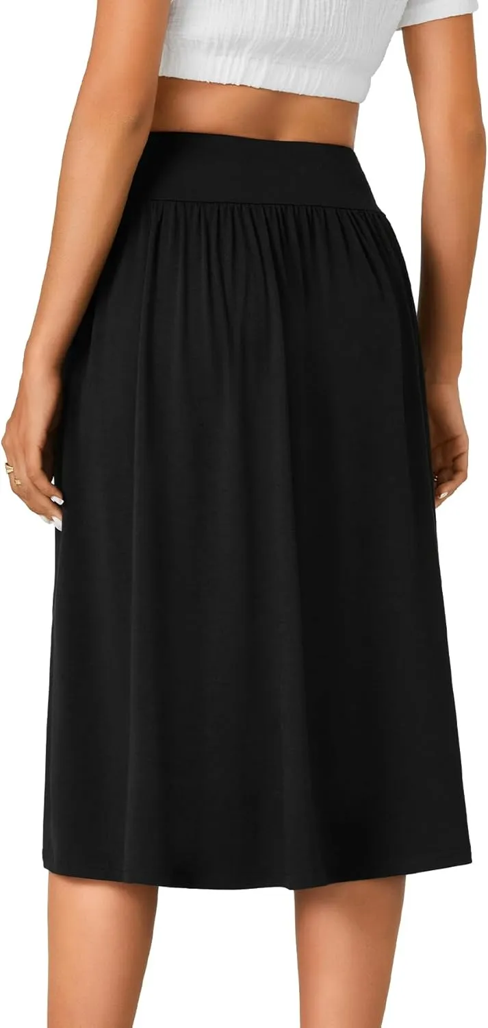LYANER Women's Elastic High Waist Knee Length A-line Hem Basic Casual Midi Skirt with Pockets