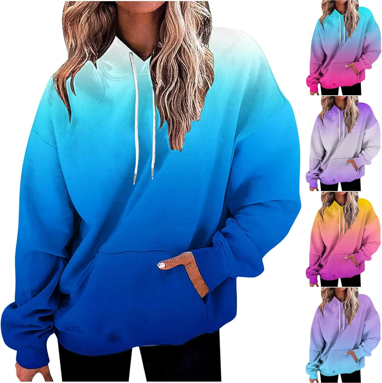 maisdgop Hoodies for Women Drawstring Pullover with Pocket Gradient Print Oversized Sweatshirt Casual Crewneck Hooded Tops