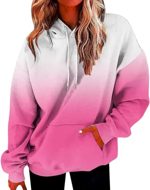 maisdgop Hoodies for Women Drawstring Pullover with Pocket Gradient Print Oversized Sweatshirt Casual Crewneck Hooded Tops