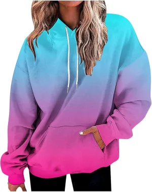maisdgop Hoodies for Women Drawstring Pullover with Pocket Gradient Print Oversized Sweatshirt Casual Crewneck Hooded Tops