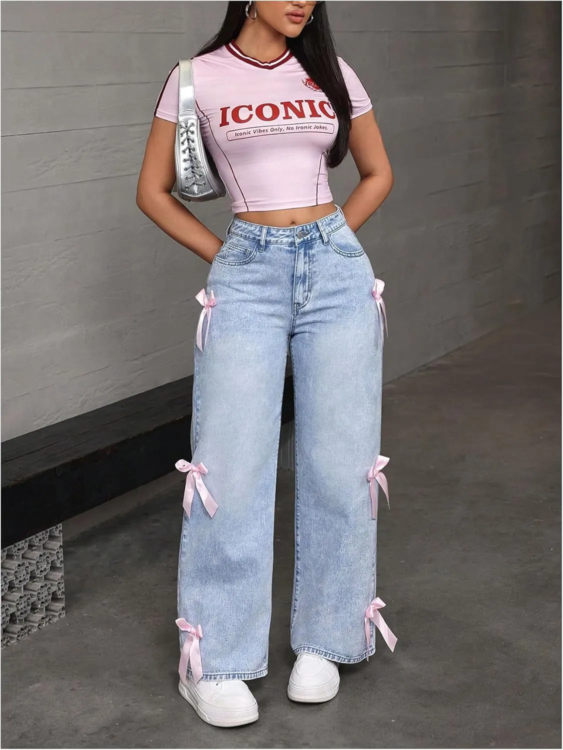 MakeMeChic Women's Bow Knot Zip Up Denim Pants Loose Fit Button Front Straight Leg Jeans