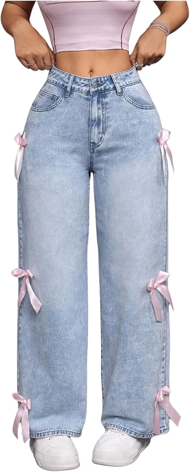 MakeMeChic Women's Bow Knot Zip Up Denim Pants Loose Fit Button Front Straight Leg Jeans