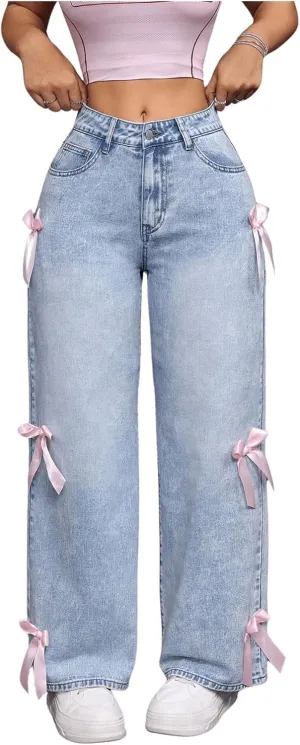 MakeMeChic Women's Bow Knot Zip Up Denim Pants Loose Fit Button Front Straight Leg Jeans