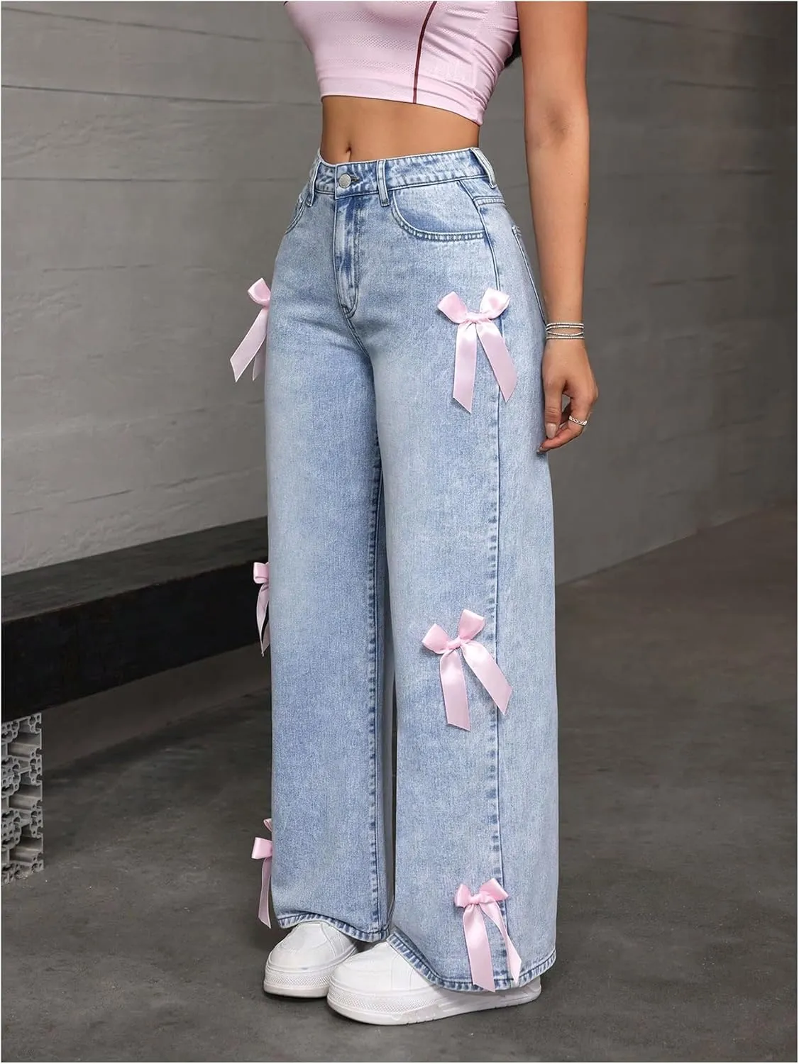 MakeMeChic Women's Bow Knot Zip Up Denim Pants Loose Fit Button Front Straight Leg Jeans