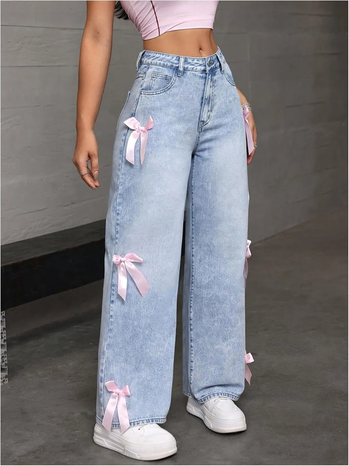 MakeMeChic Women's Bow Knot Zip Up Denim Pants Loose Fit Button Front Straight Leg Jeans