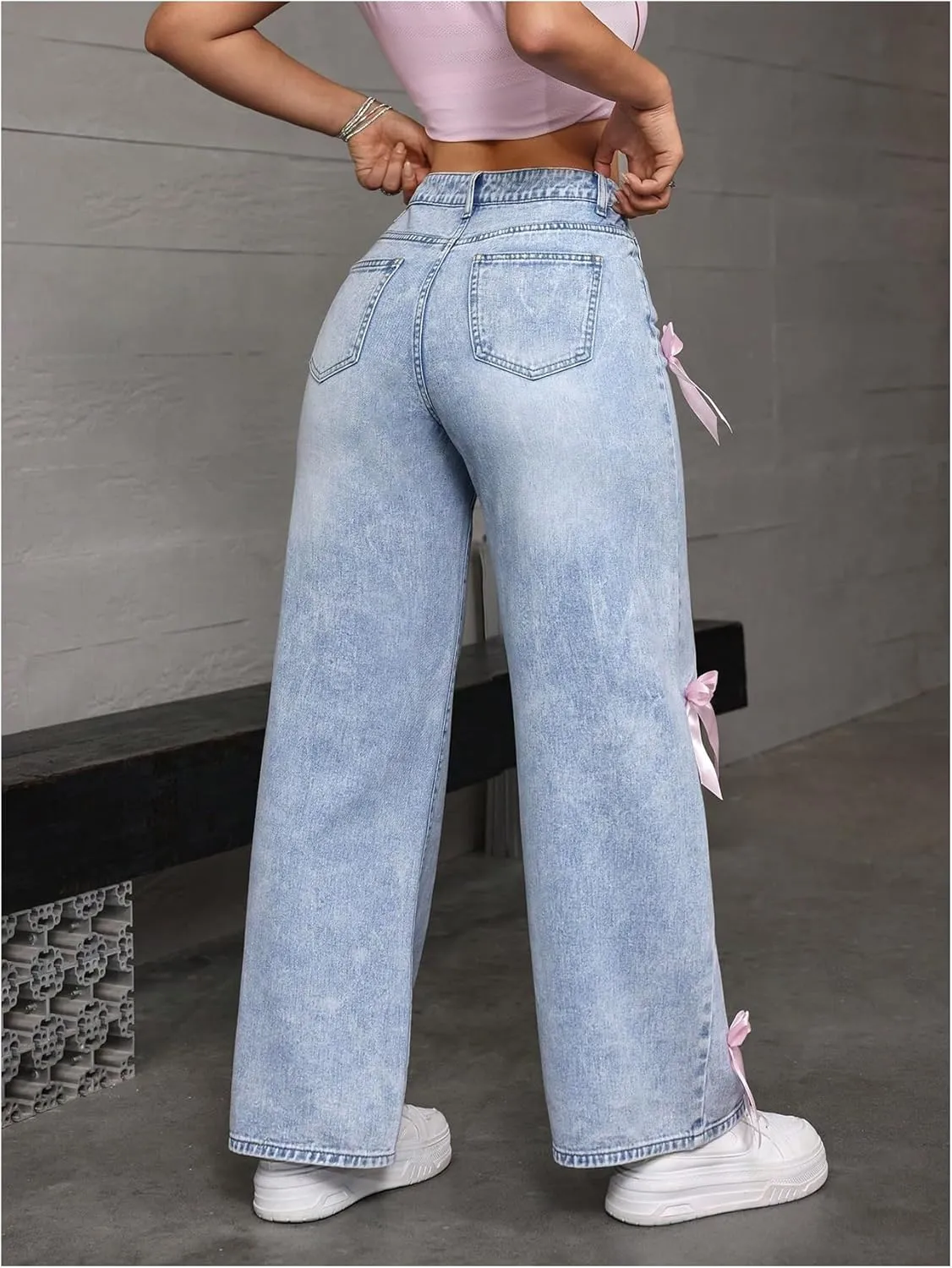 MakeMeChic Women's Bow Knot Zip Up Denim Pants Loose Fit Button Front Straight Leg Jeans