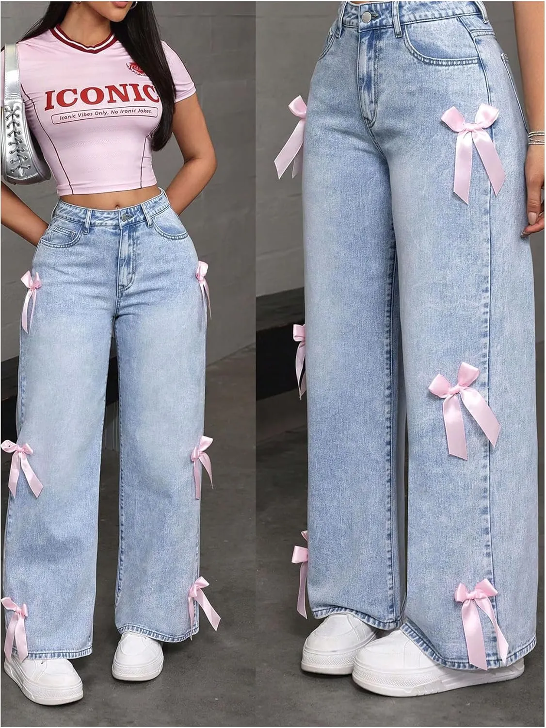 MakeMeChic Women's Bow Knot Zip Up Denim Pants Loose Fit Button Front Straight Leg Jeans