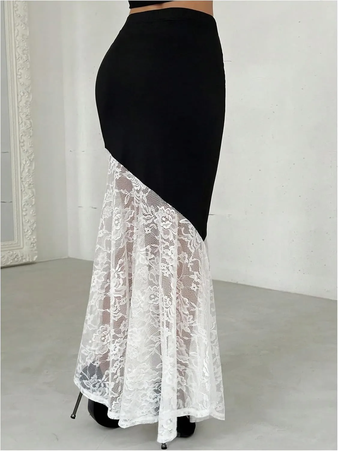 MakeMeChic Women's Floral Lace Maxi Skirt Colorblock Bodycon Fishtail Skirts