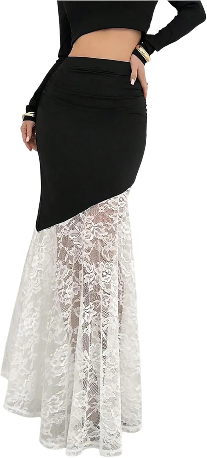 MakeMeChic Women's Floral Lace Maxi Skirt Colorblock Bodycon Fishtail Skirts