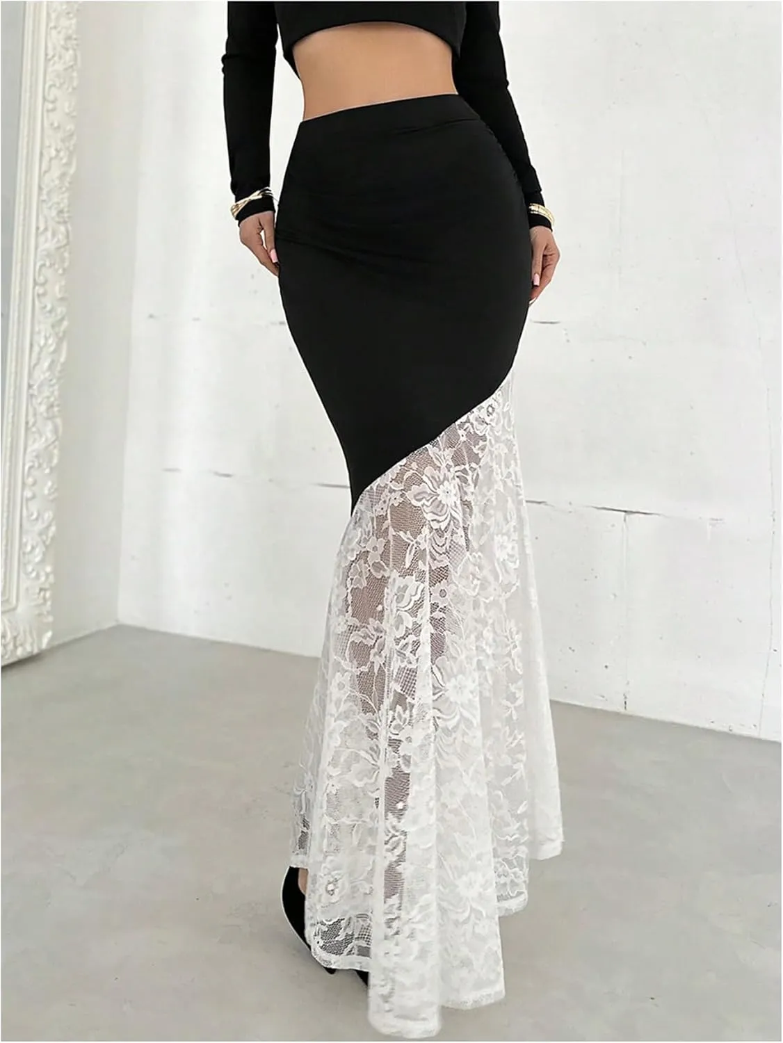 MakeMeChic Women's Floral Lace Maxi Skirt Colorblock Bodycon Fishtail Skirts