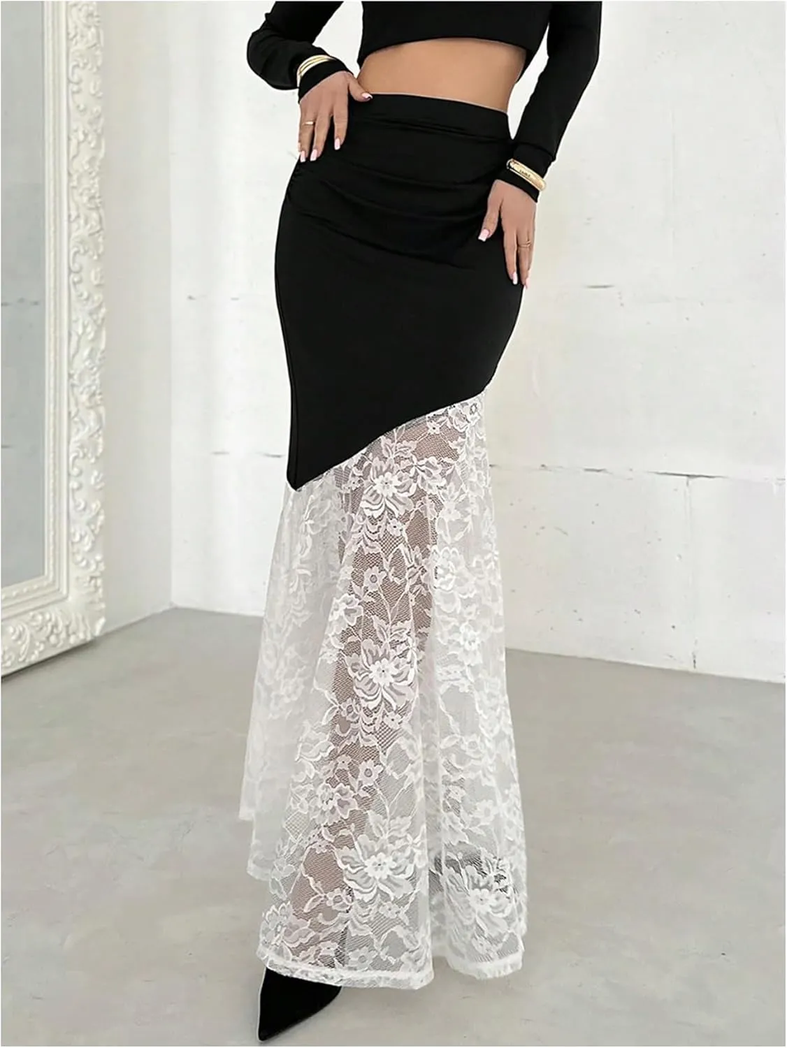 MakeMeChic Women's Floral Lace Maxi Skirt Colorblock Bodycon Fishtail Skirts