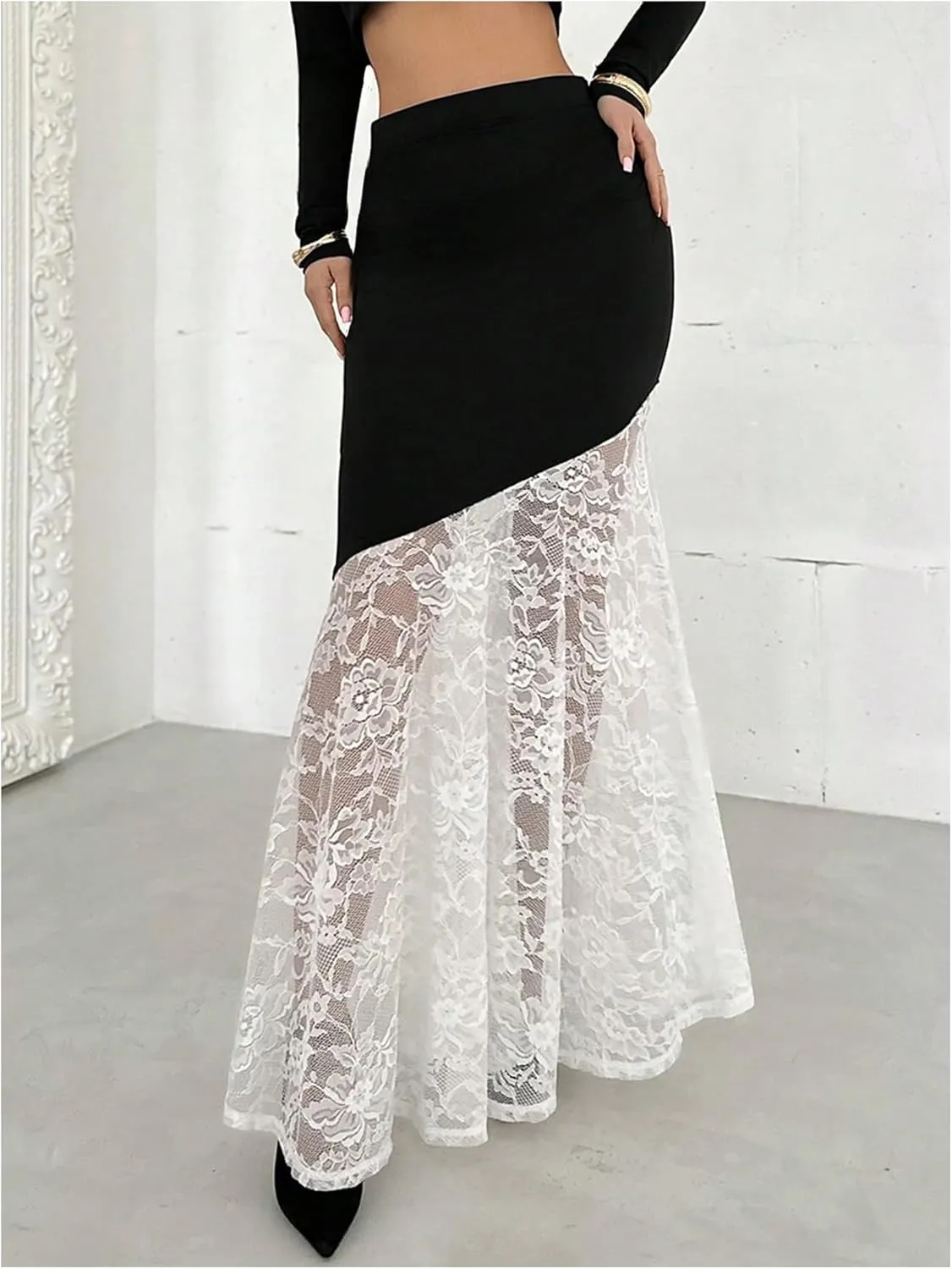 MakeMeChic Women's Floral Lace Maxi Skirt Colorblock Bodycon Fishtail Skirts