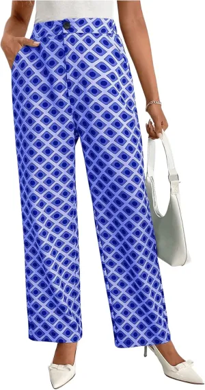 MakeMeChic Women's Geo Pattern High Waist Trousers Straight Leg Office Dress Pants