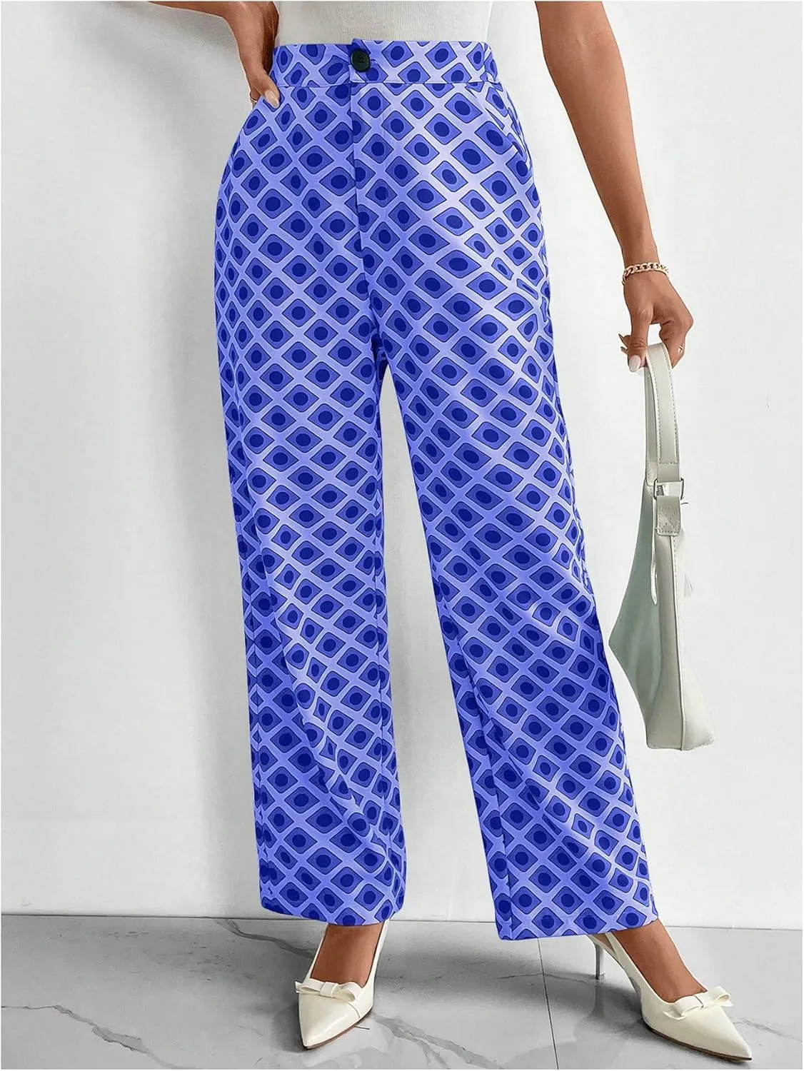 MakeMeChic Women's Geo Pattern High Waist Trousers Straight Leg Office Dress Pants
