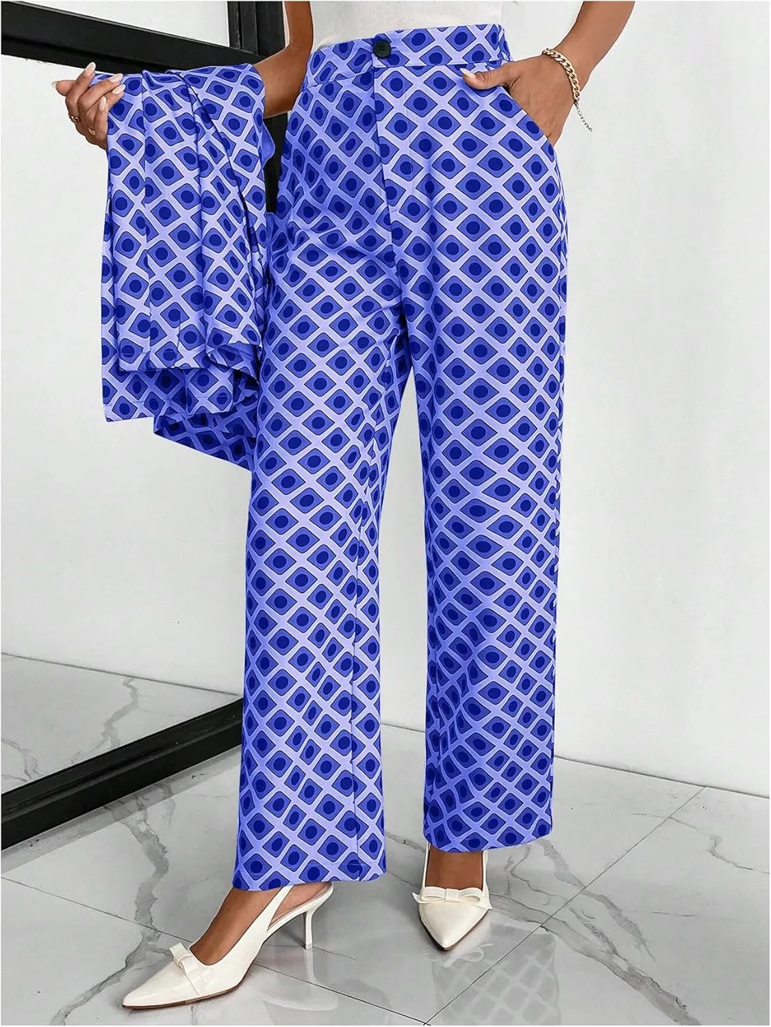 MakeMeChic Women's Geo Pattern High Waist Trousers Straight Leg Office Dress Pants