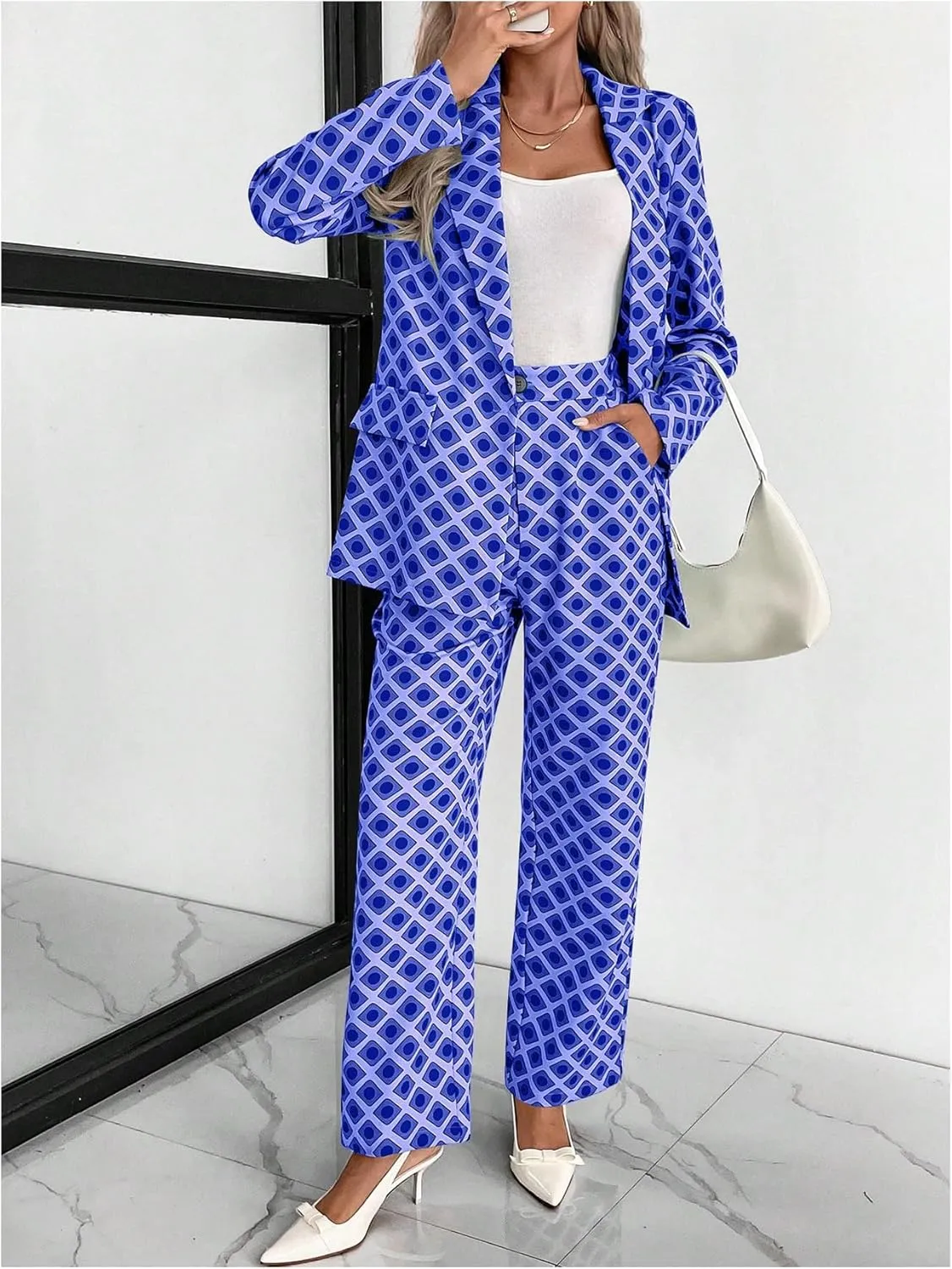 MakeMeChic Women's Geo Pattern High Waist Trousers Straight Leg Office Dress Pants