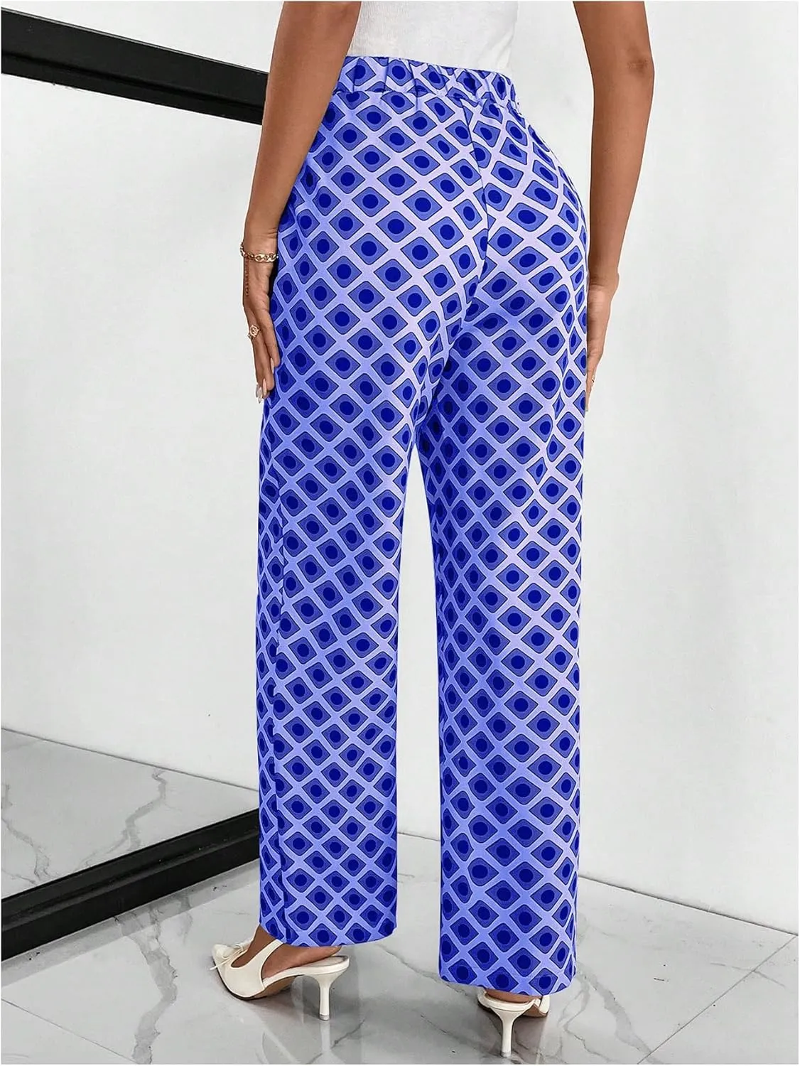 MakeMeChic Women's Geo Pattern High Waist Trousers Straight Leg Office Dress Pants
