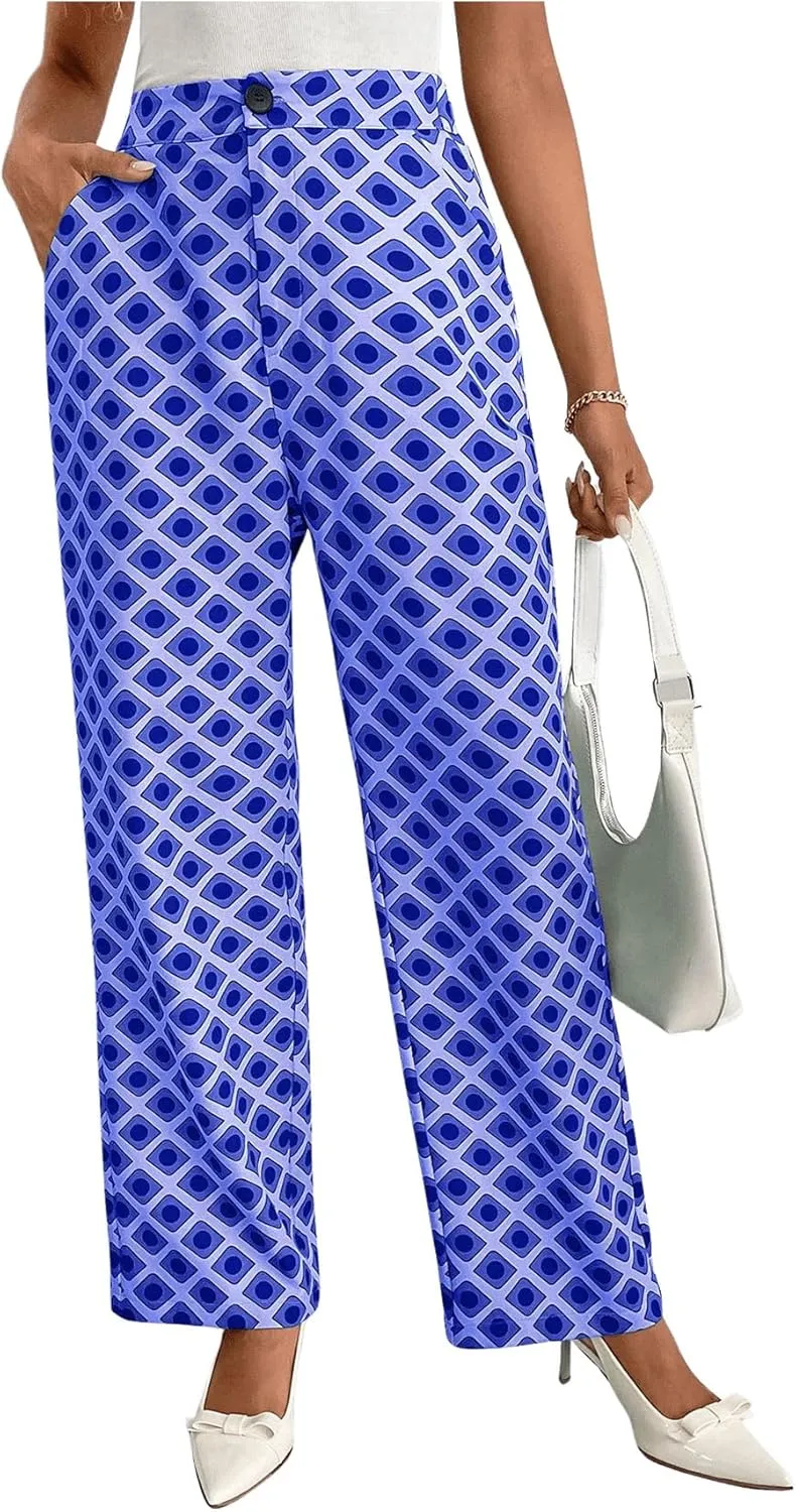 MakeMeChic Women's Geo Pattern High Waist Trousers Straight Leg Office Dress Pants