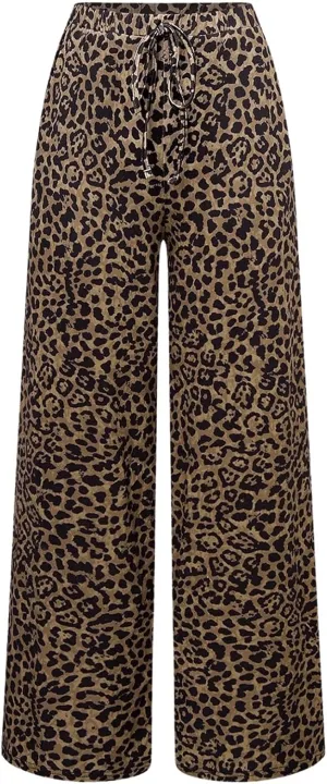 MakeMeChic Women's Leopard Print Pants Elastic Waist Wide Leg Straight Loose Long Trousers with Pocket