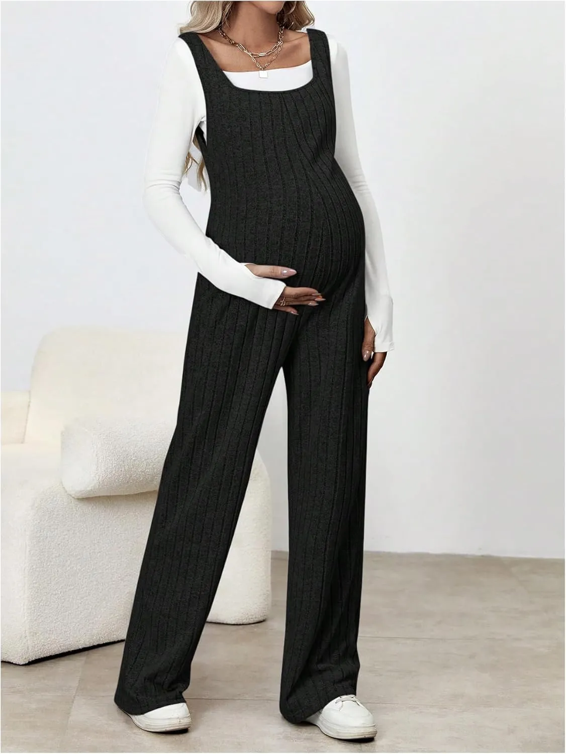 MakeMeChic Women's Maternity Jumpsuits Sleeveless Rib Knitted Straight Leg Overalls Romper
