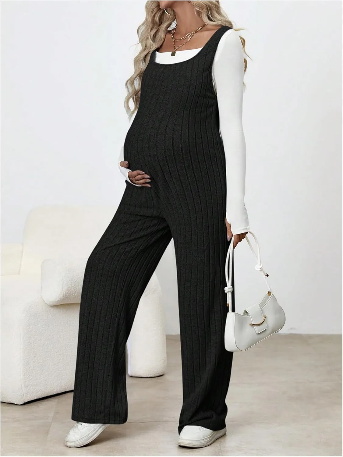 MakeMeChic Women's Maternity Jumpsuits Sleeveless Rib Knitted Straight Leg Overalls Romper