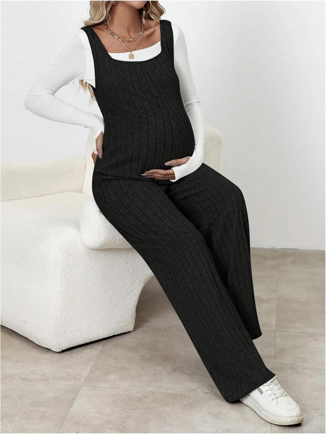 MakeMeChic Women's Maternity Jumpsuits Sleeveless Rib Knitted Straight Leg Overalls Romper