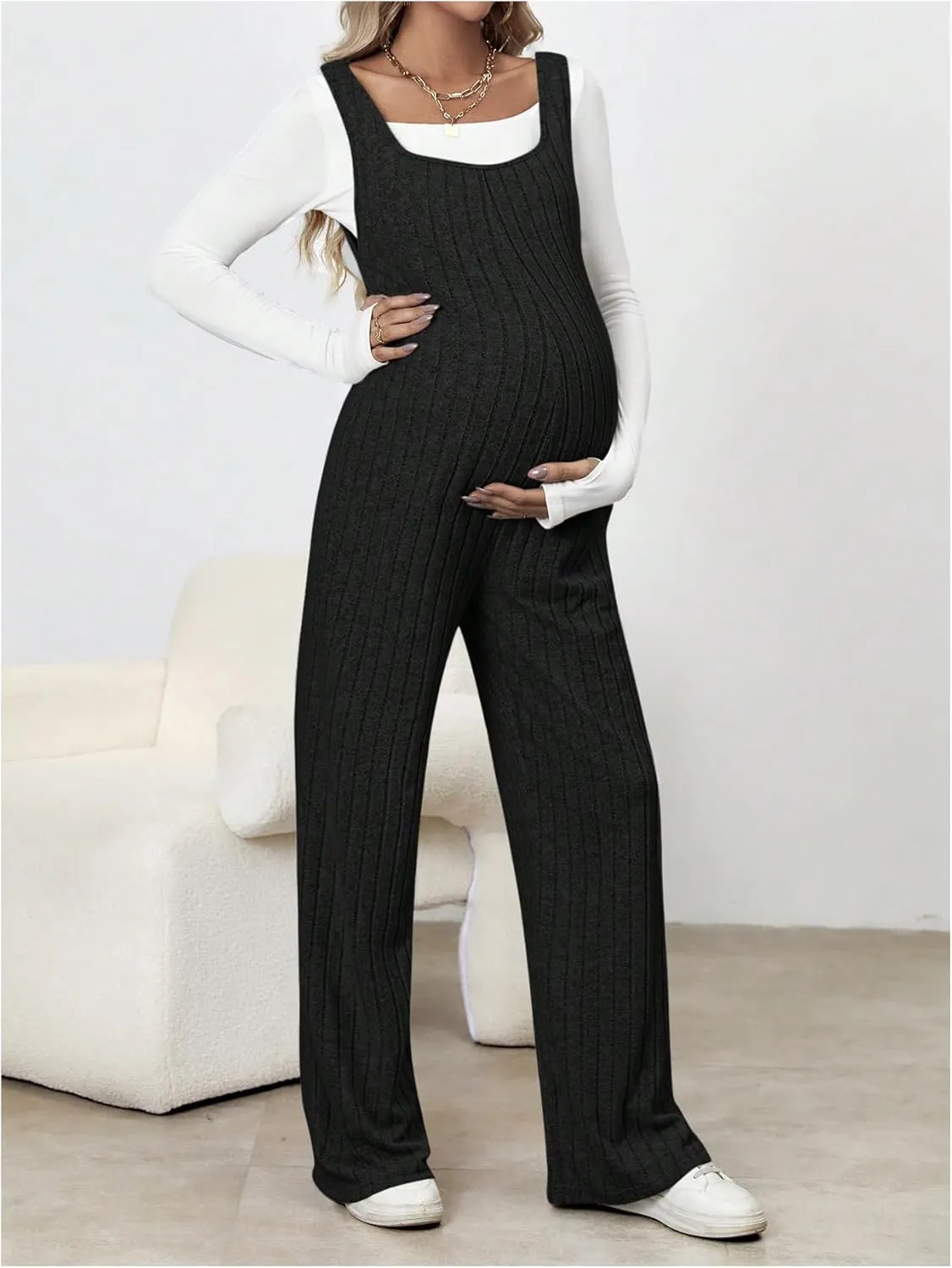 MakeMeChic Women's Maternity Jumpsuits Sleeveless Rib Knitted Straight Leg Overalls Romper