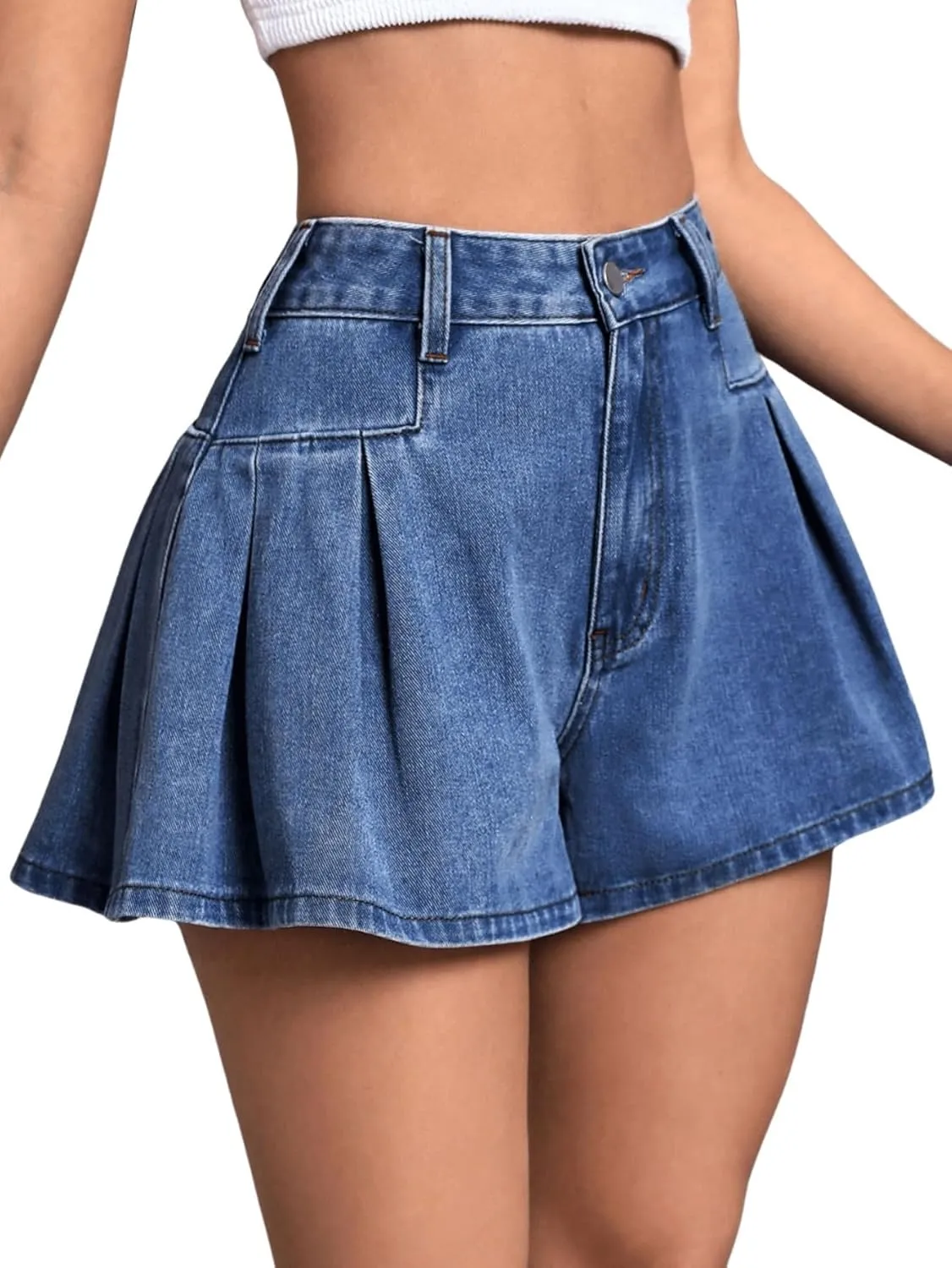 MakeMeChic Women's Pleated Denim Shorts Zip Fly Button Wide Leg Flared Jean Skort