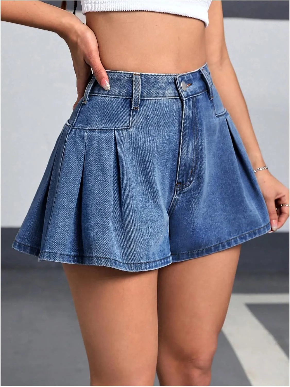 MakeMeChic Women's Pleated Denim Shorts Zip Fly Button Wide Leg Flared Jean Skort