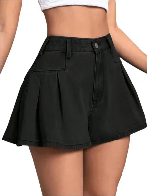 MakeMeChic Women's Pleated Denim Shorts Zip Fly Button Wide Leg Flared Jean Skort