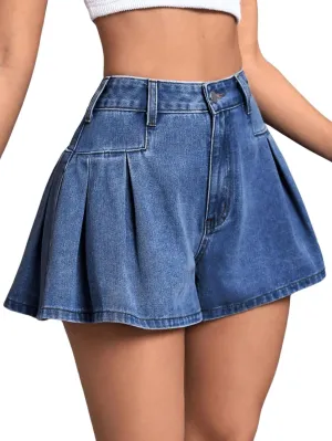 MakeMeChic Women's Pleated Denim Shorts Zip Fly Button Wide Leg Flared Jean Skort